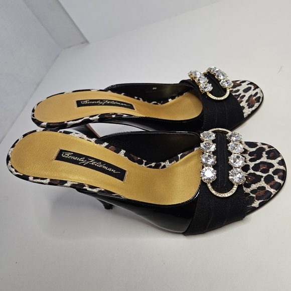 Beverly Feldman Black Peep Toe Heels Open Back 8M Rhinestones Kitten Heel - Picture 10 of 17